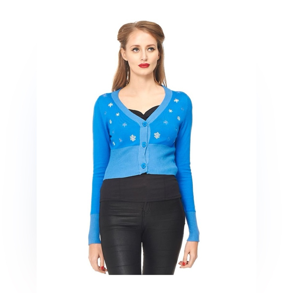 Retro pinup snowflake cardigan cropped blue festive vintage